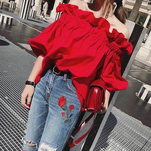 Sexy Off Shoulder Red Flouncing Blouse