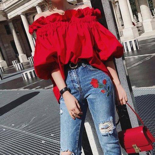 Sexy Off Shoulder Red Flouncing Blouse