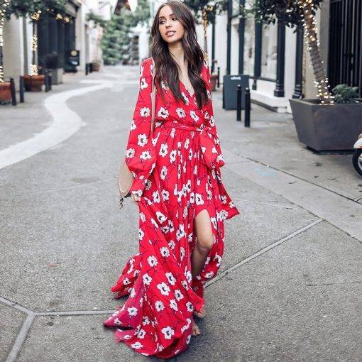 Bohemian Floral V-Neck Red Maxi Dress | Women's Fashion Clothing