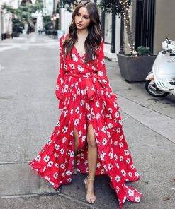 Bohemian Floral V-Neck Red Maxi Dress