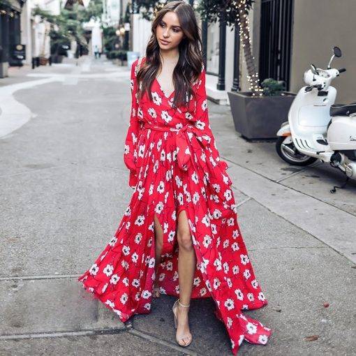 Bohemian Floral V-Neck Red Maxi Dress