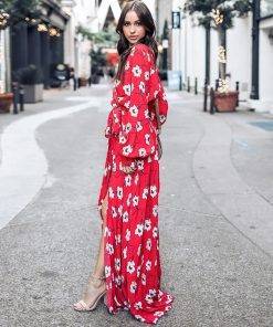 Bohemian Floral V-Neck Red Maxi Dress