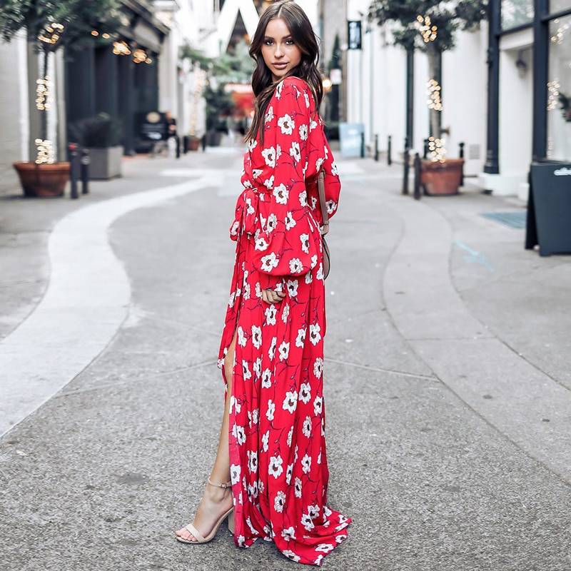 Bohemian Floral V-Neck Red Maxi Dress | Women's Fashion Clothing