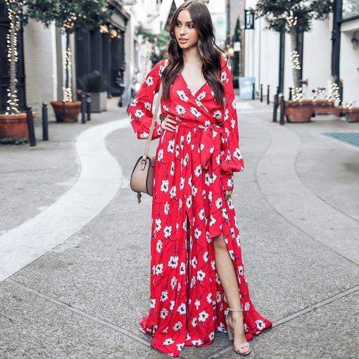 Bohemian Floral V-Neck Red Maxi Dress | Women's Fashion Clothing