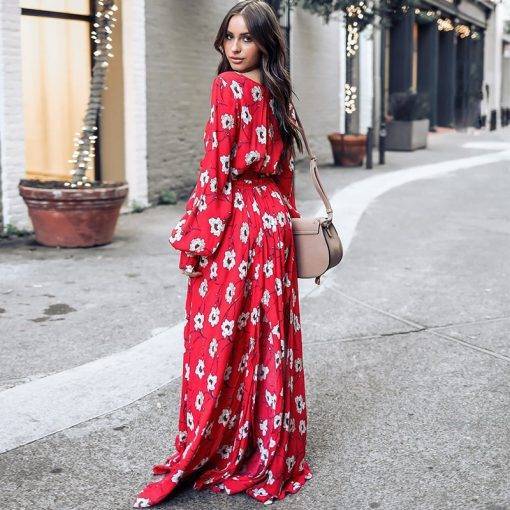 Bohemian Floral V-Neck Red Maxi Dress | Women's Fashion Clothing