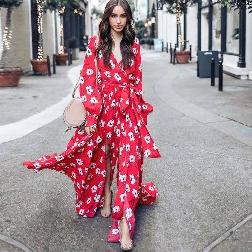 Bohemian Floral V-Neck Red Maxi Dress