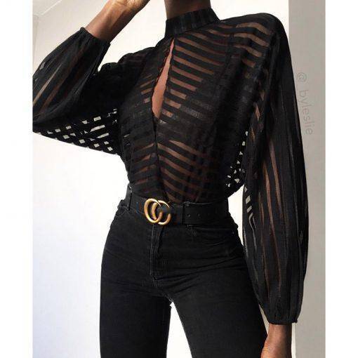 Striped Keyhole Front Mesh Top