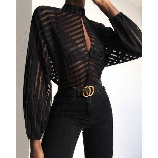 Striped Keyhole Front Mesh Top