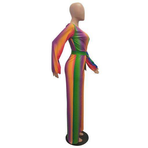 Rainbow Striped V Neck Wide Legs Jumpsuit