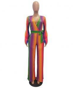 Rainbow Striped V Neck Wide Legs Jumpsuit