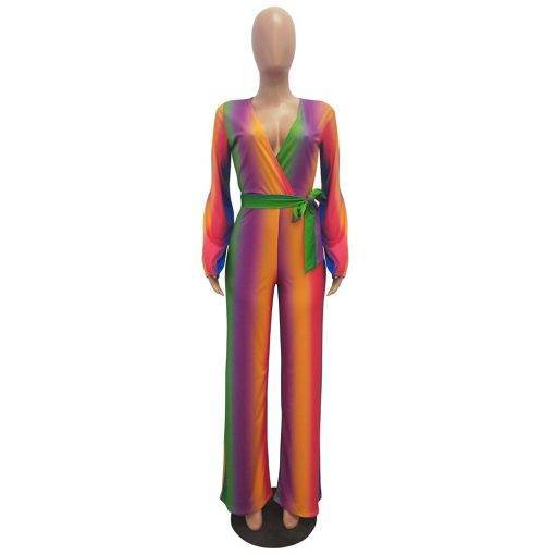 Rainbow Striped V Neck Wide Legs Jumpsuit