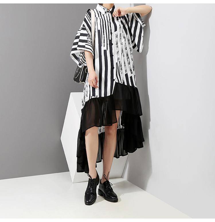 Ruffle Asymmetrical Black Striped Shirt Dress
