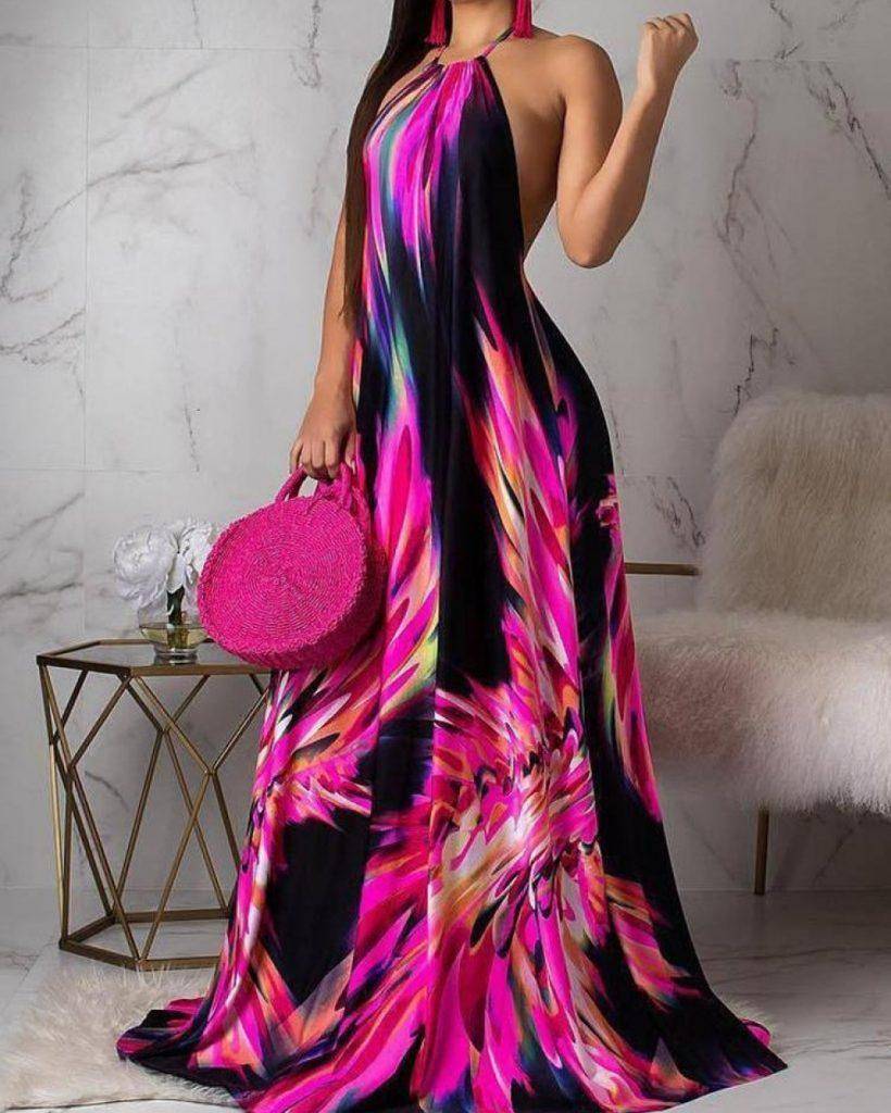 Halter Colorful Print Open Back Maxi Dress