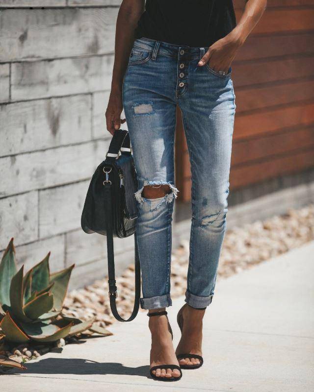 High Waist Button Up Ripped Jeans | Women's Fashion Clothing