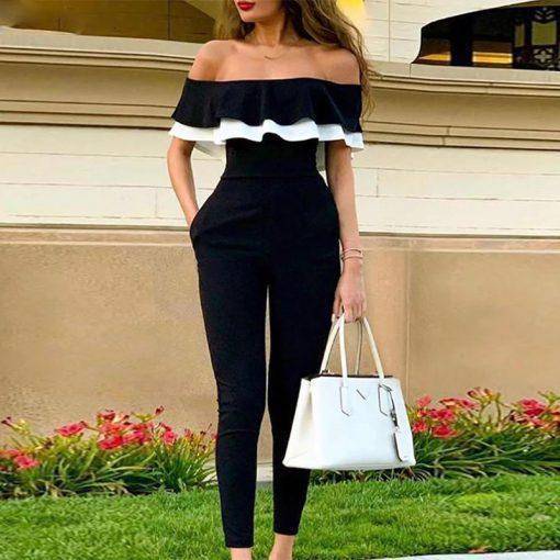 Off Shoulder Colorblock Ruffles Bodycon Jumpsuit