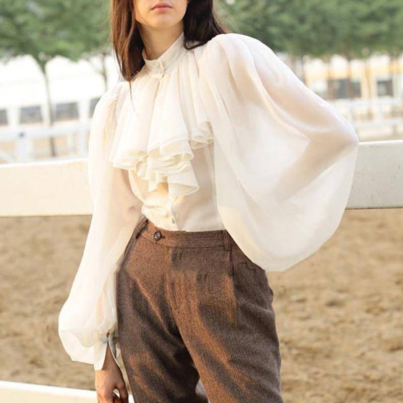 Ruffles Lantern Sleeve Chiffon Blouse 