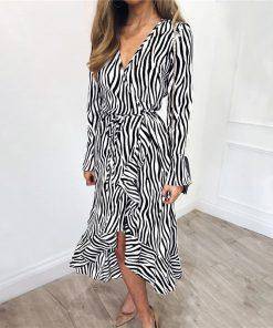 Zebra Print V Neck Ruffles Wrap Dress