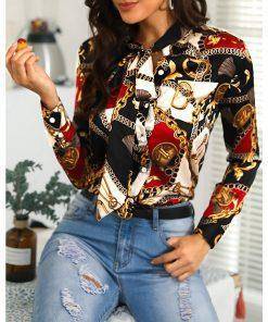 Bowknot Chain Print long Sleeve Blouse