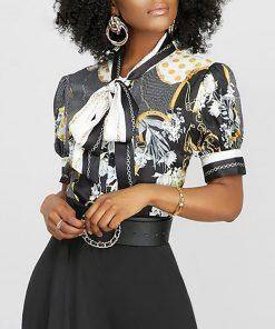 Chain Print Tie Neck Blouse