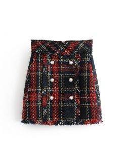 Fringe Tweed Plaid Mini Skirt
