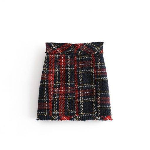 Fringe Tweed Plaid Mini Skirt