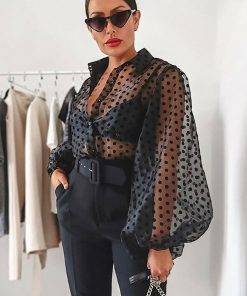 Polka Dot Long Puff Sleeve Blouse