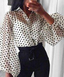 Polka Dot Long Puff Sleeve Blouse