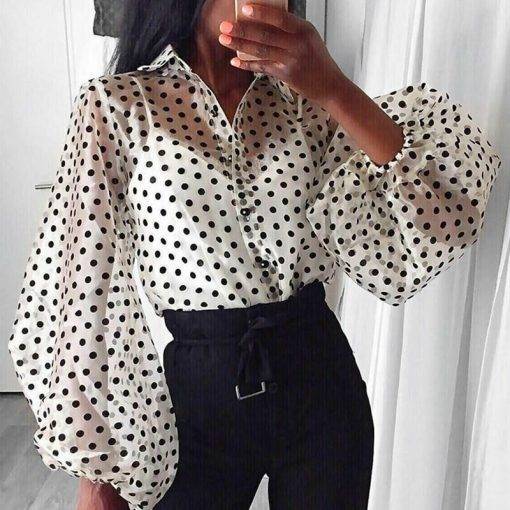 Polka Dot Long Puff Sleeve Blouse