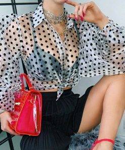 Polka Dot Long Puff Sleeve Blouse