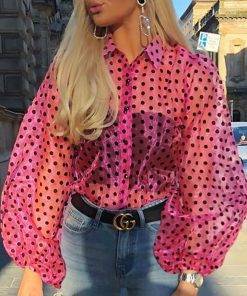 Polka Dot Long Puff Sleeve Blouse