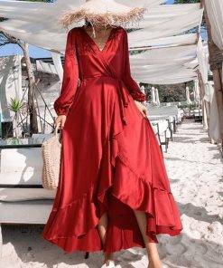 Vintage Red Silk Ruffle Wrap Dress