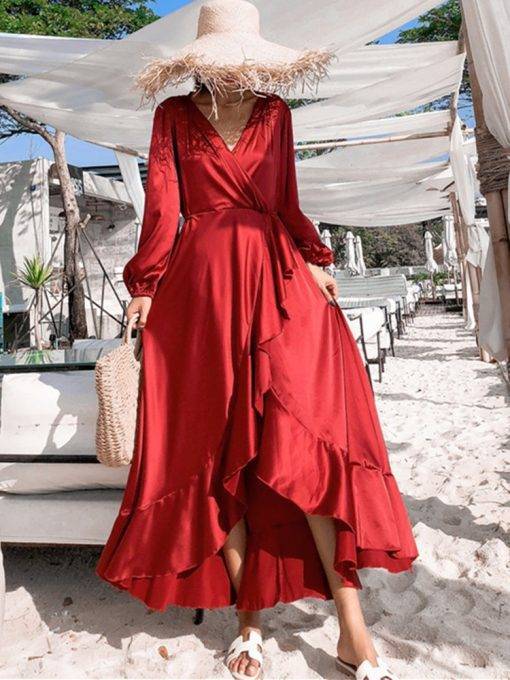 Vintage Red Silk Ruffle Wrap Dress