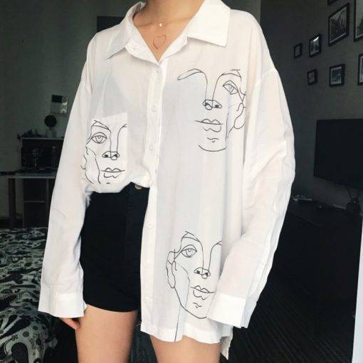 Button Long Sleeve Face Print Shirt