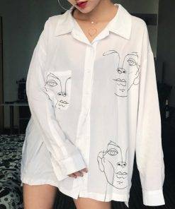 Button Long Sleeve Face Print Shirt