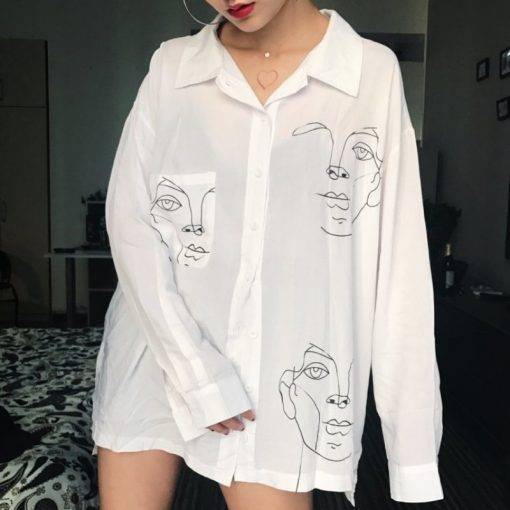 Button Long Sleeve Face Print Shirt