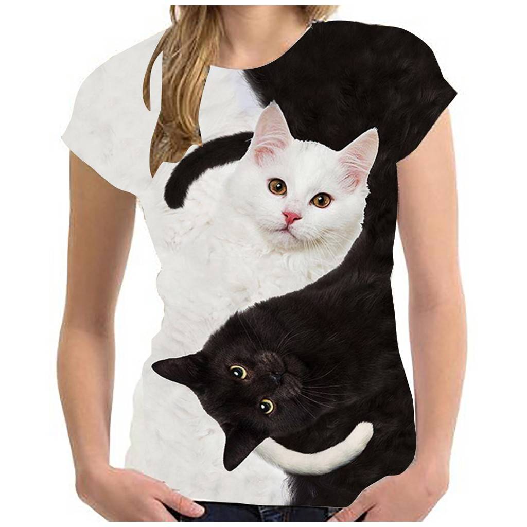 Funny 3d Two Cats Print T Shirt Women S Fashion Clothing