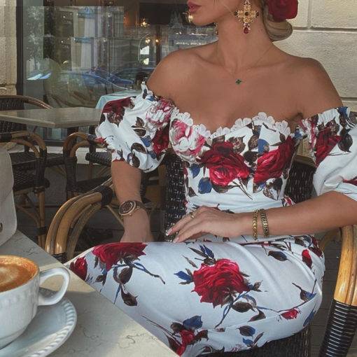 Off Shoulder Puff Sleeve Red Floral Lace Dress