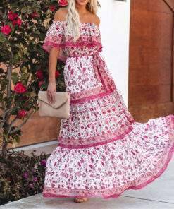 Vintage Off-Shoulder Ruffle Floral Dress