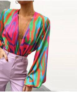 Graffiti Print Lantern Sleeve V-Neck Blouse