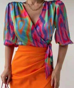 Graffiti Print Lantern Sleeve V-Neck Blouse