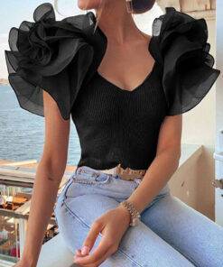 Ruffles Short Sleeves V Neck Top