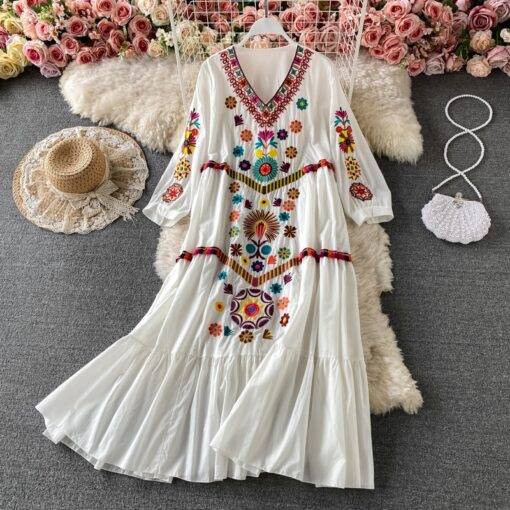 Bohemian Floral Embroidery Short Sleeve Dress