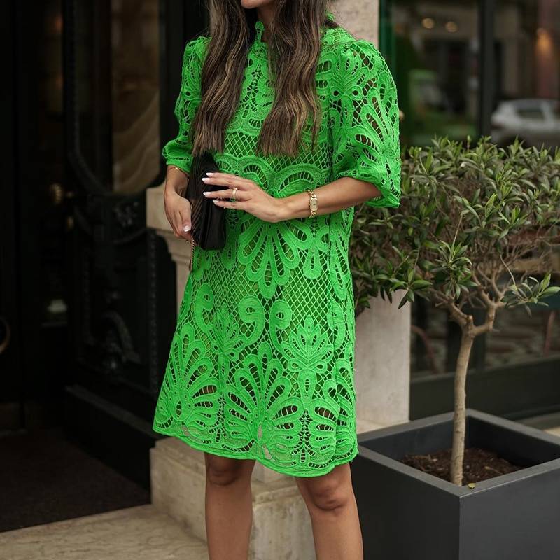 Embroidered Hollow Out Loose Short Dress in Green Color.