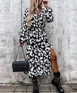 V-Neck Ruffle Leopard Print Split Dress Sexy