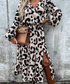 V-Neck Ruffle Leopard Print Split Dress Sexy