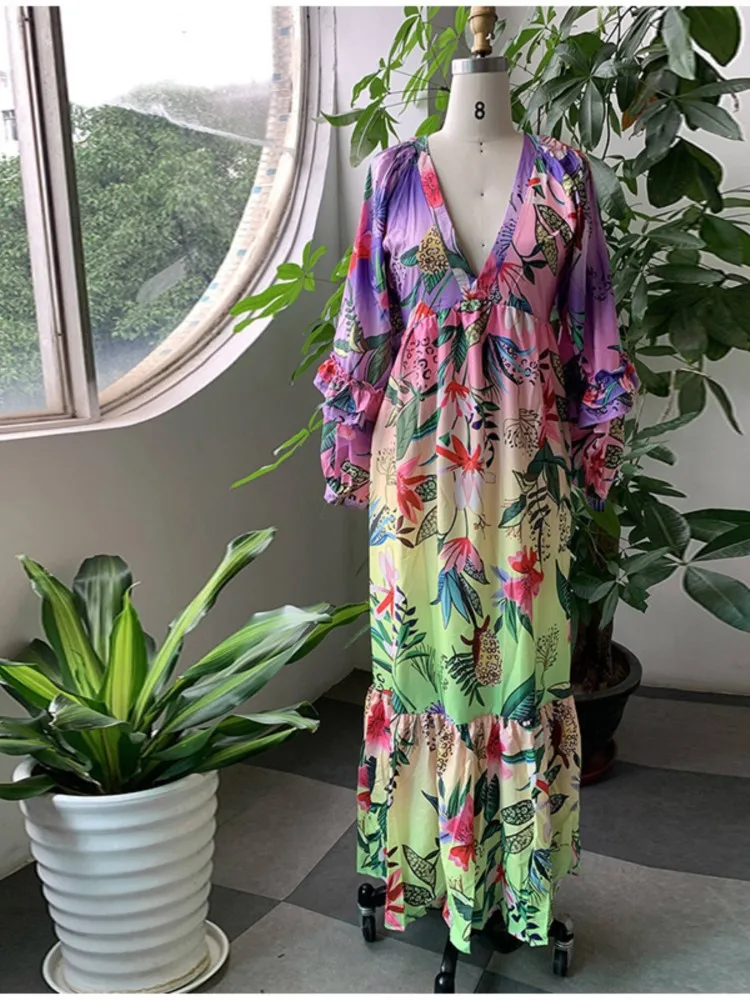 Printed Gradient Dress: Long, Ruffled V-Neck, Summer