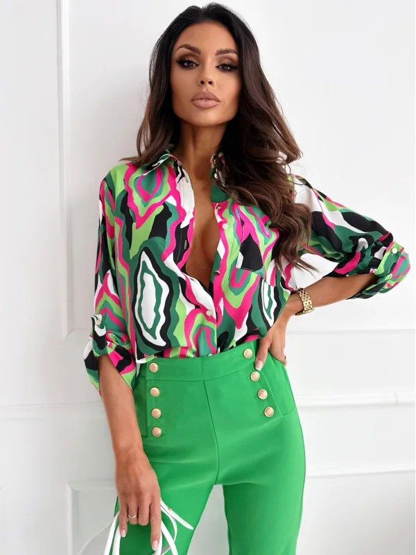 Printed Shirt – Work Style, Turn-Down Collar, Colorful