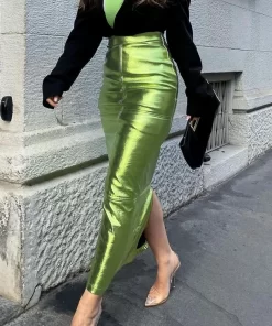 Silver High Waist Metallic Green Skirt - Midi/Maxi