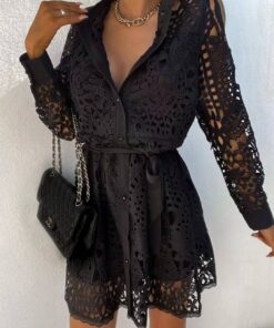 Vintage Lace Hollow Out Belted Dress