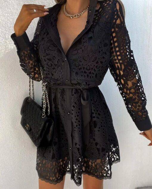 Vintage Lace Hollow Out Belted Dress